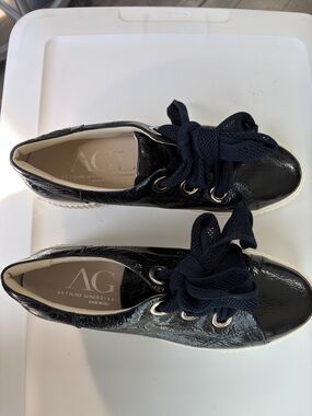 AGL Black Patent Leather Lace-Up Sneakers with Navy Mesh Laces